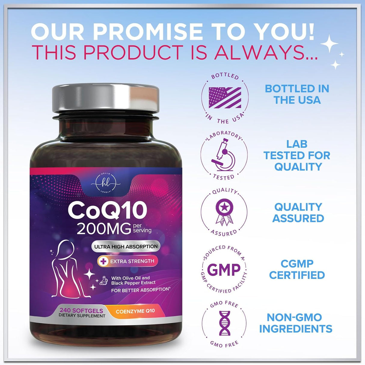 CoQ10 200mg Softgels - Ultra High Absorption, Antioxidant for Heart Health & Energy Production Support - Coenzyme Q10 Co Q 10 Vitamins and Supplements 100mg Each - Non GMO & Gluten Free - 240 Count
