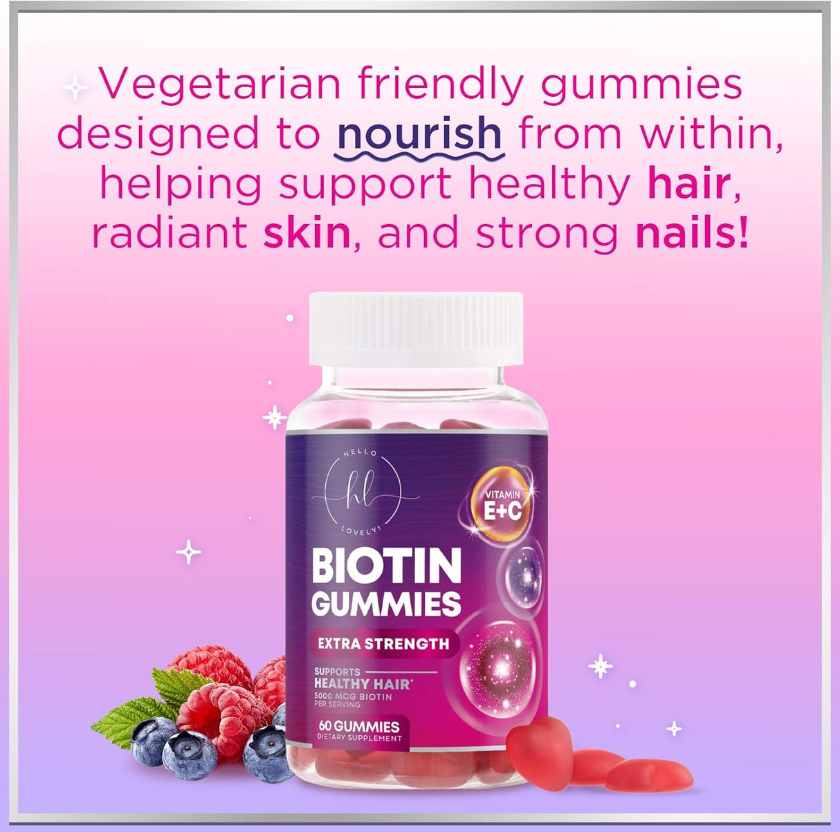 Hair Growth Vitamins Biotin 5000 mcg Supports Women's Thicker Hair, Premium Vegetarian, Non-GMO, Stronger Beautiful Skin & Nails, Lovely Hair Vitamin Supplement - 60 Count