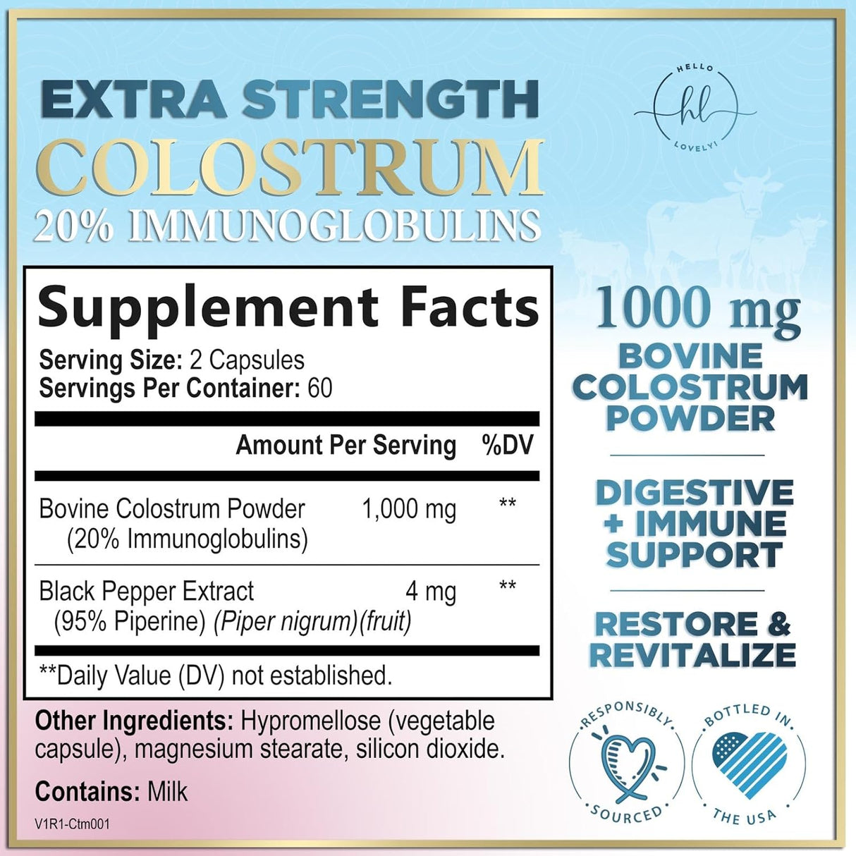 Colostrum for Women 1000mg 20% Immunoglobulins - Gut Health, Immune Support, Muscle, Skin & Hair Growth, Bottled in USA, Bovine Colostrum Powder, Colostrum Supplement for Women & Men - 120 Count
