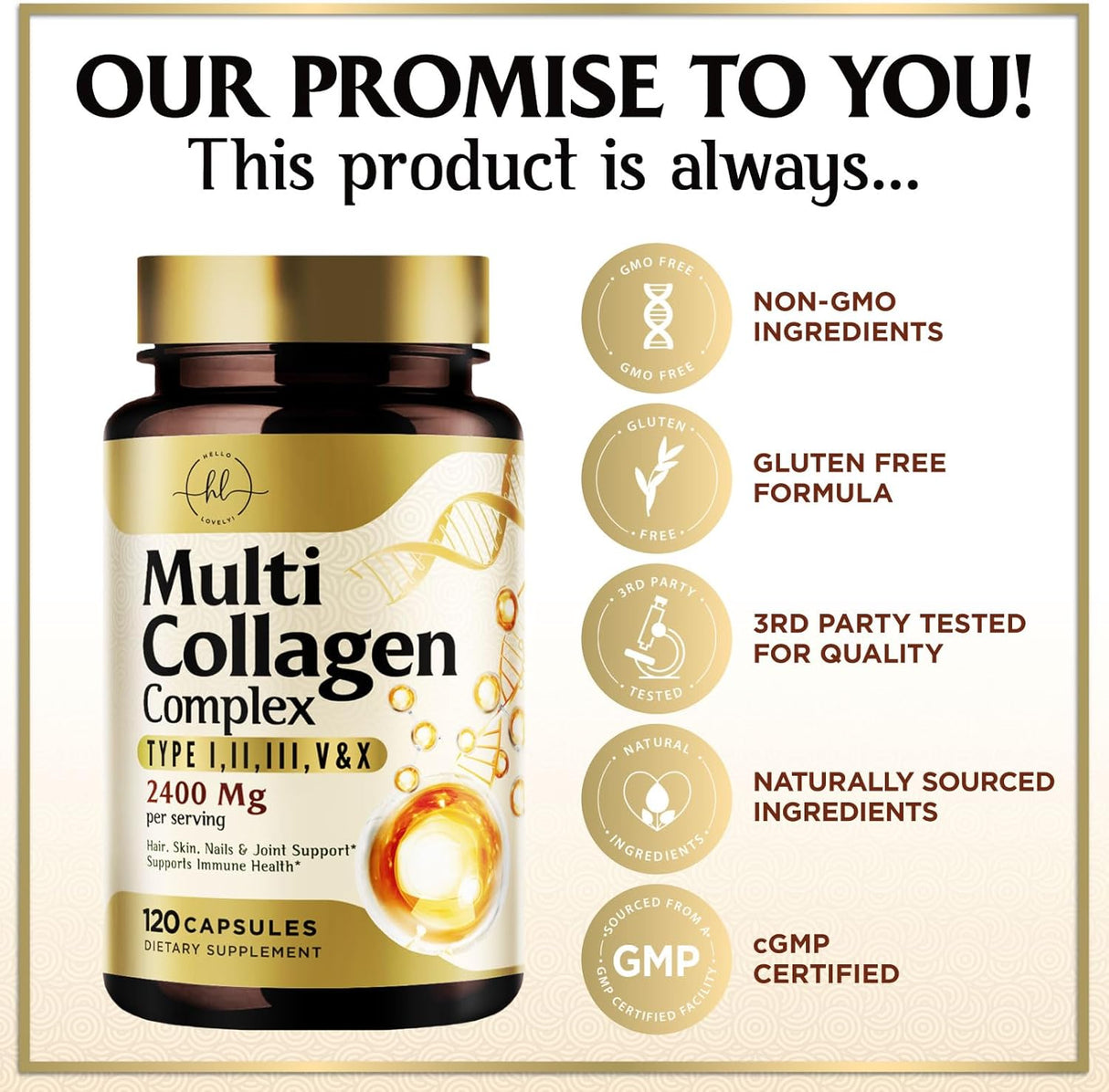 Collagen Peptides for Women & Men - Type I, II, III, V, X Multi Collagen, Hydrolyzed Collagen Supplement Supports Hair, Nail, Skin, Bone and Joint Health with Vital Nutrients & Proteins - 120 Count