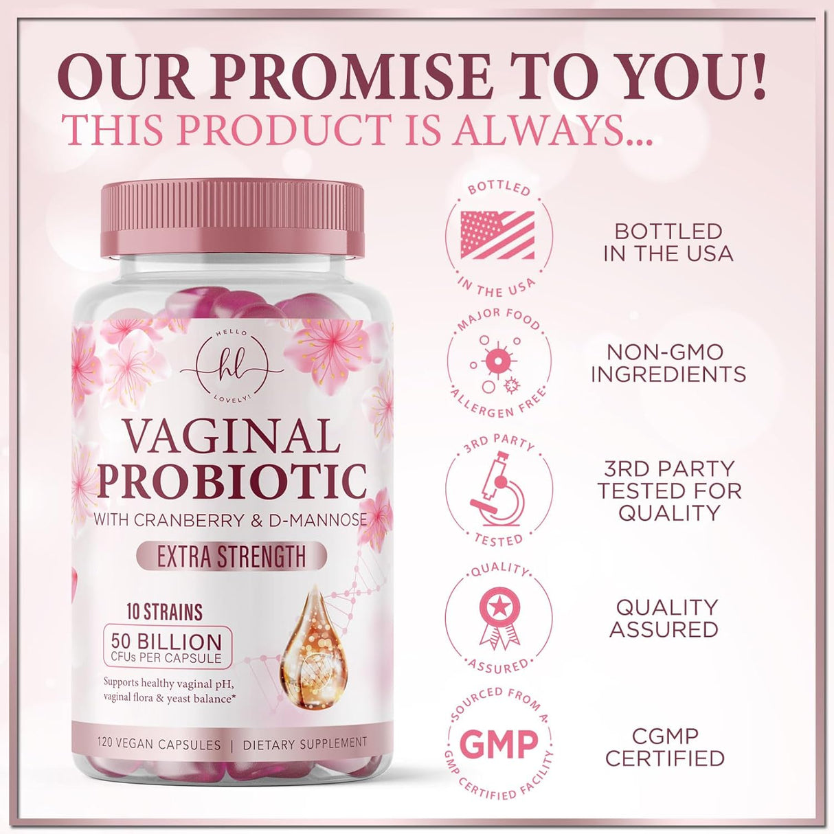 Vaginal Probiotic for Women - Vaginal PH Flora Feminine Health Balance Support - 50 Billion CFU Per Capsule, 10 Unique Strains - Womens Probiotics Supplement with Cranberry & D Mannose - 120 Count