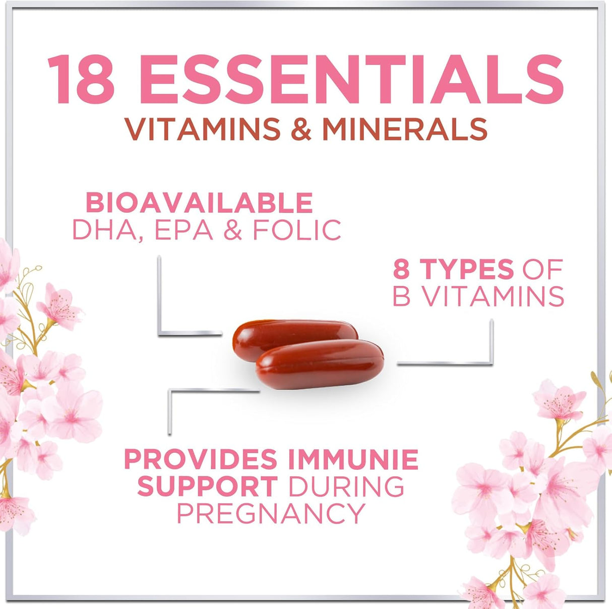 Prenatal Multivitamin with Folic Acid & DHA, Prenatal Vitamin Supplement, Folate, Omega 3, Vitamins D3, B6, B12 & Iron, Women's Pregnancy Support Prenatal Vitamins, Non-GMO Gluten Free - 60 Count