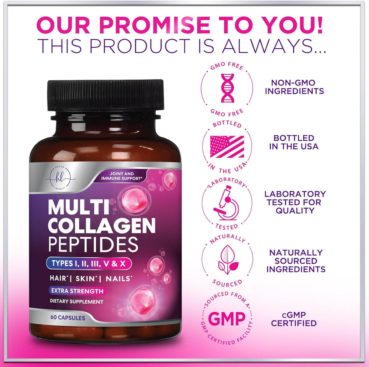 Multi Collagen Peptides - Extra Strength Collagen Supplement, Supports Healthy Skin, Hair, Nails & Joints, Hydrolyzed Collagen Complex Type I, II, III, V & X - Grass Fed, Non GMO - 60 Count