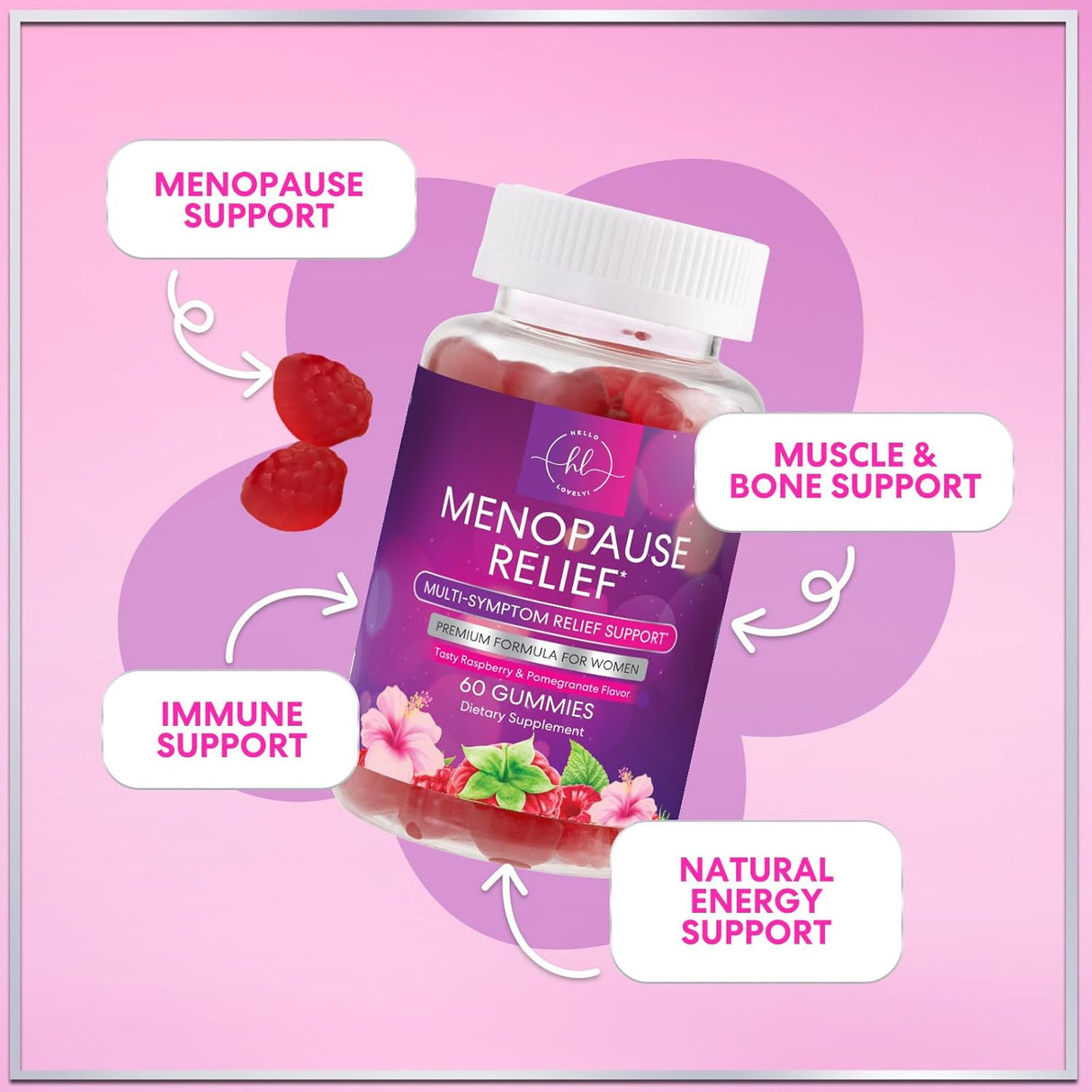 Menopause Supplements for Women - Menopause Relief Gummies, Natural Hot Flash and Night Sweats Support - Energy and Mood Support Supplement, Tasty Raspberry Pomegranate Flavored