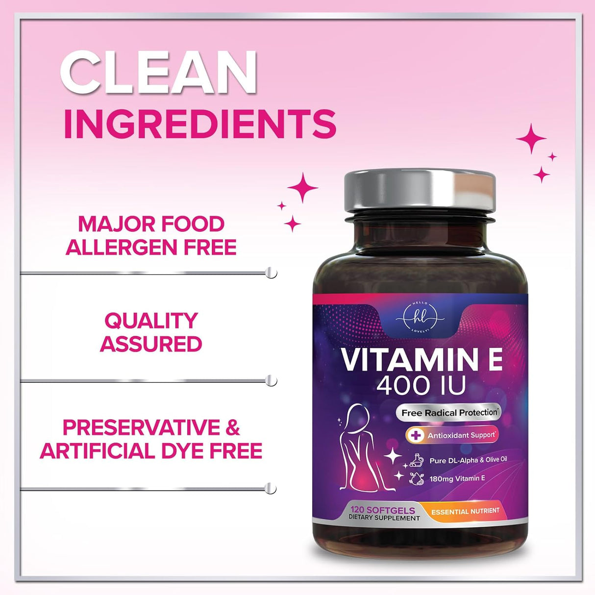 E Vitamin for Women and Men - 180 mg (400 IU) dl-Alpha - Powerful Antioxidant Dietary Supplement - Hair, Skin, & Immune Health Support - Easily Absorbed Form, Non-GMO & Gluten Free - 120 Count