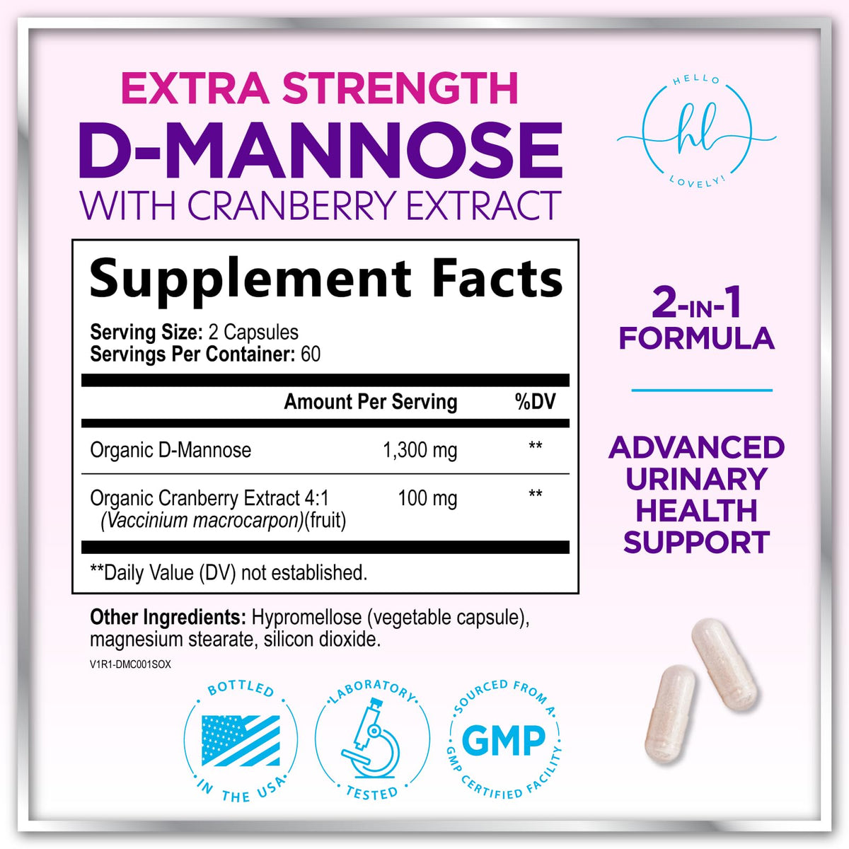 D-Mannose 1300mg with Cranberry - Urinary Tract Support - 120 Capsules
