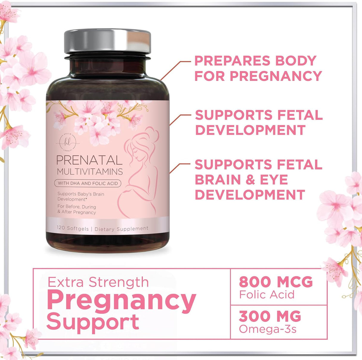 Prenatal Multivitamin with Folic Acid & DHA, Prenatal Vitamin Supplement, Folate, Omega 3, Vitamins D3, B6, B12 & Iron, Women's Pregnancy Support Prenatal Vitamins, Non-GMO Gluten Free - 120 Count