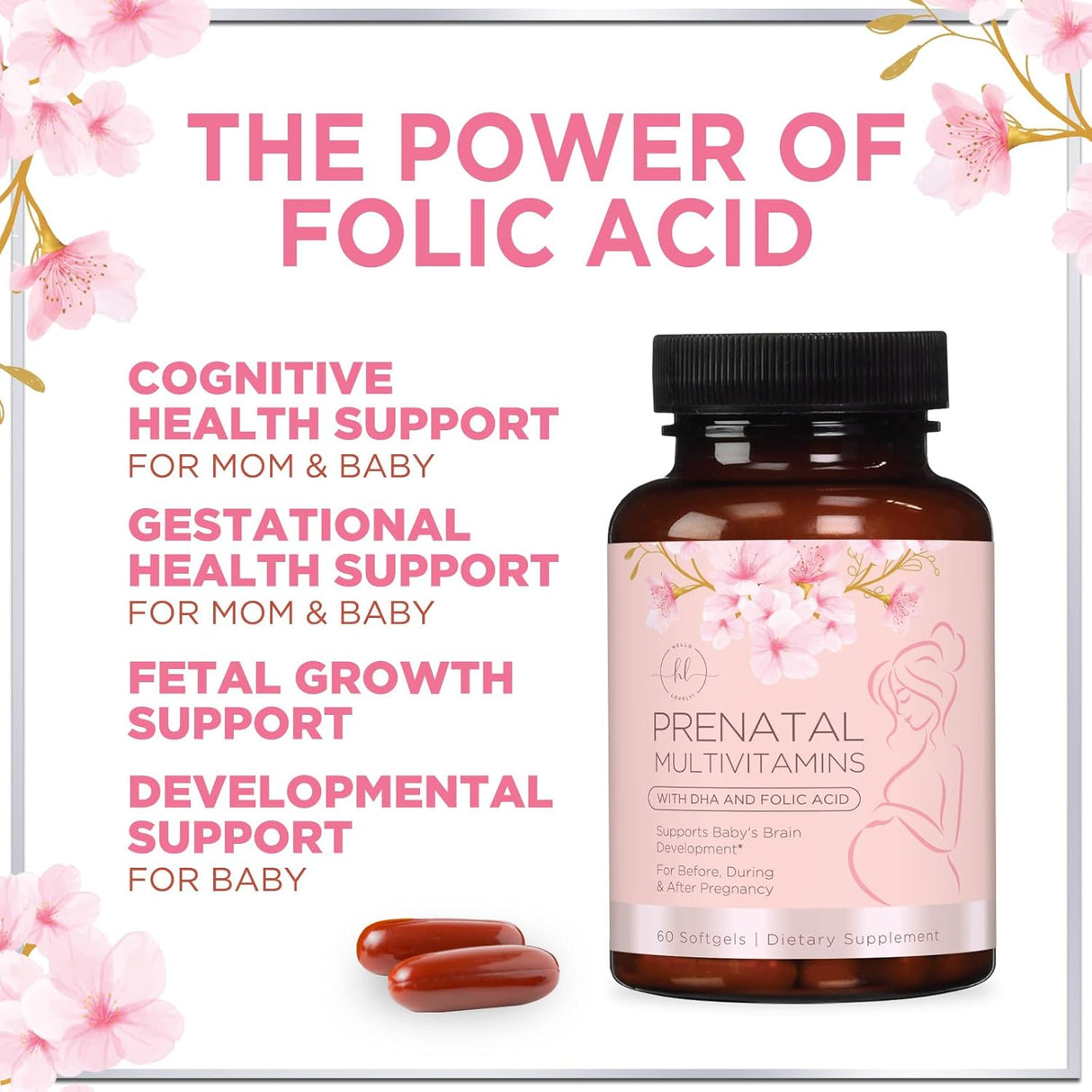 Prenatal Multivitamin with Folic Acid & DHA, Prenatal Vitamin Supplement, Folate, Omega 3, Vitamins D3, B6, B12 & Iron, Women's Pregnancy Support Prenatal Vitamins, Non-GMO Gluten Free - 60 Count