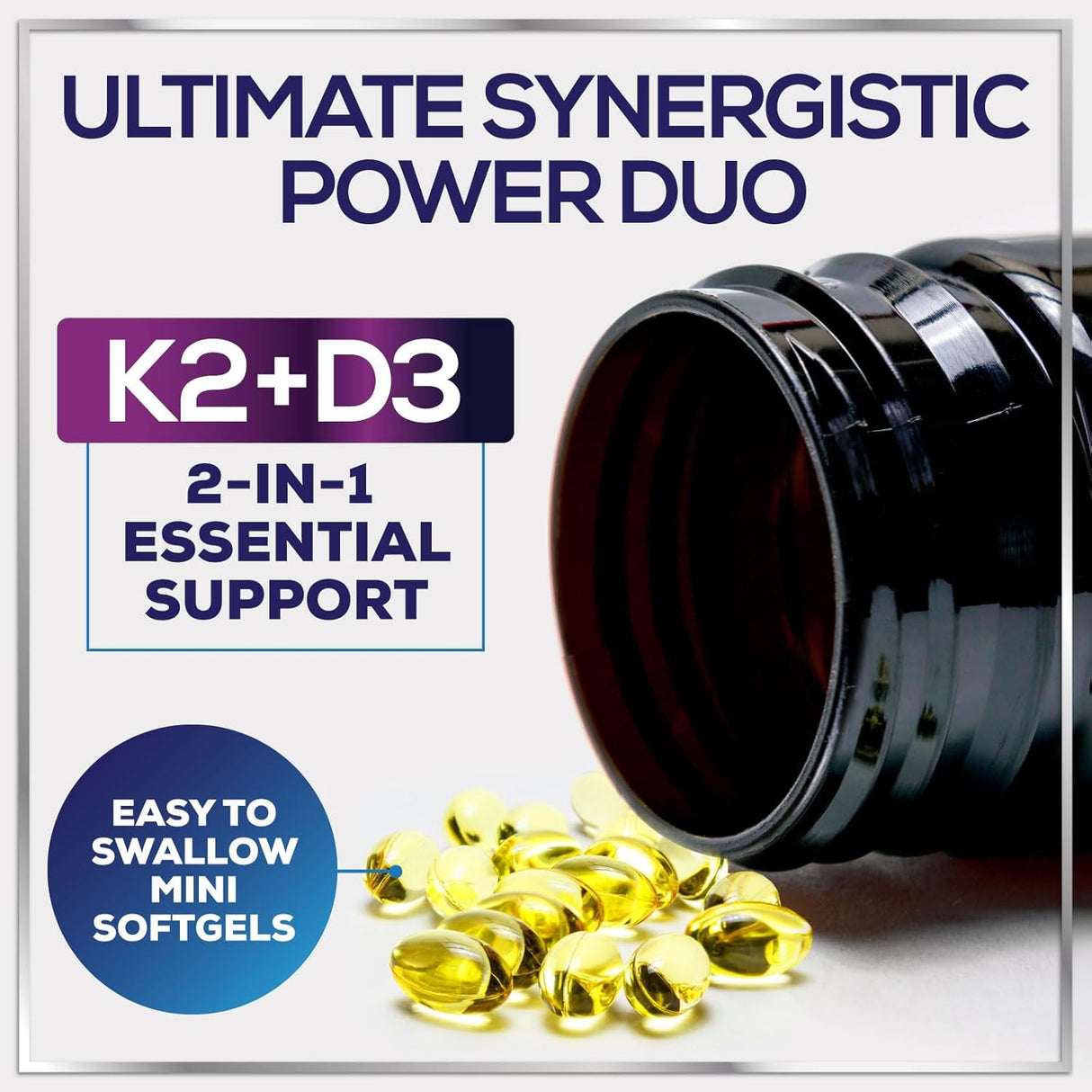 Vitamin D3 5000 IU with K2 100 mcg - D3 K2 Supplement, 2 in 1 Vitamins D & K2 Complex Softgels for Calcium Absorption, Bone, Teeth, Heart & Immune Support, Easy to Swallow, Non GMO - 240 Count