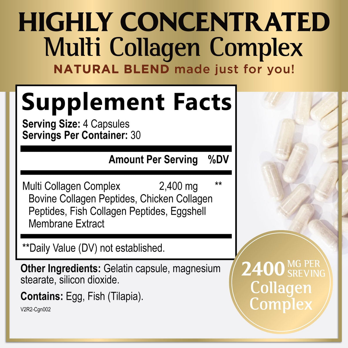 Multi Collagen Peptides for Women – 2400mg Best Hydrolyzed Collagen Complex with 5 Types (I, II, III, V, X) - Grass Fed - Hair, Skin, Nail, Bone & Joint Support for Beauty & Wellness – 120 Capsules