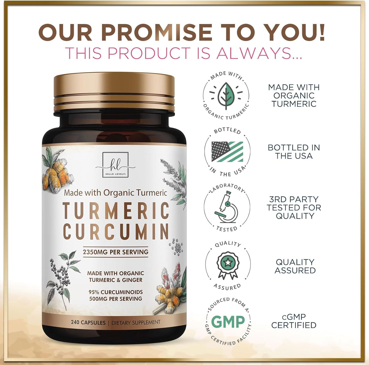 Turmeric Curcumin Supplement with 95% Curcuminoids, Organic Turmeric & Ginger 1750mg, BioPerine Black Pepper for Best Absorption, Nature's Vegan Joint Support, Non-GMO, Bottled in USA - 240 Count