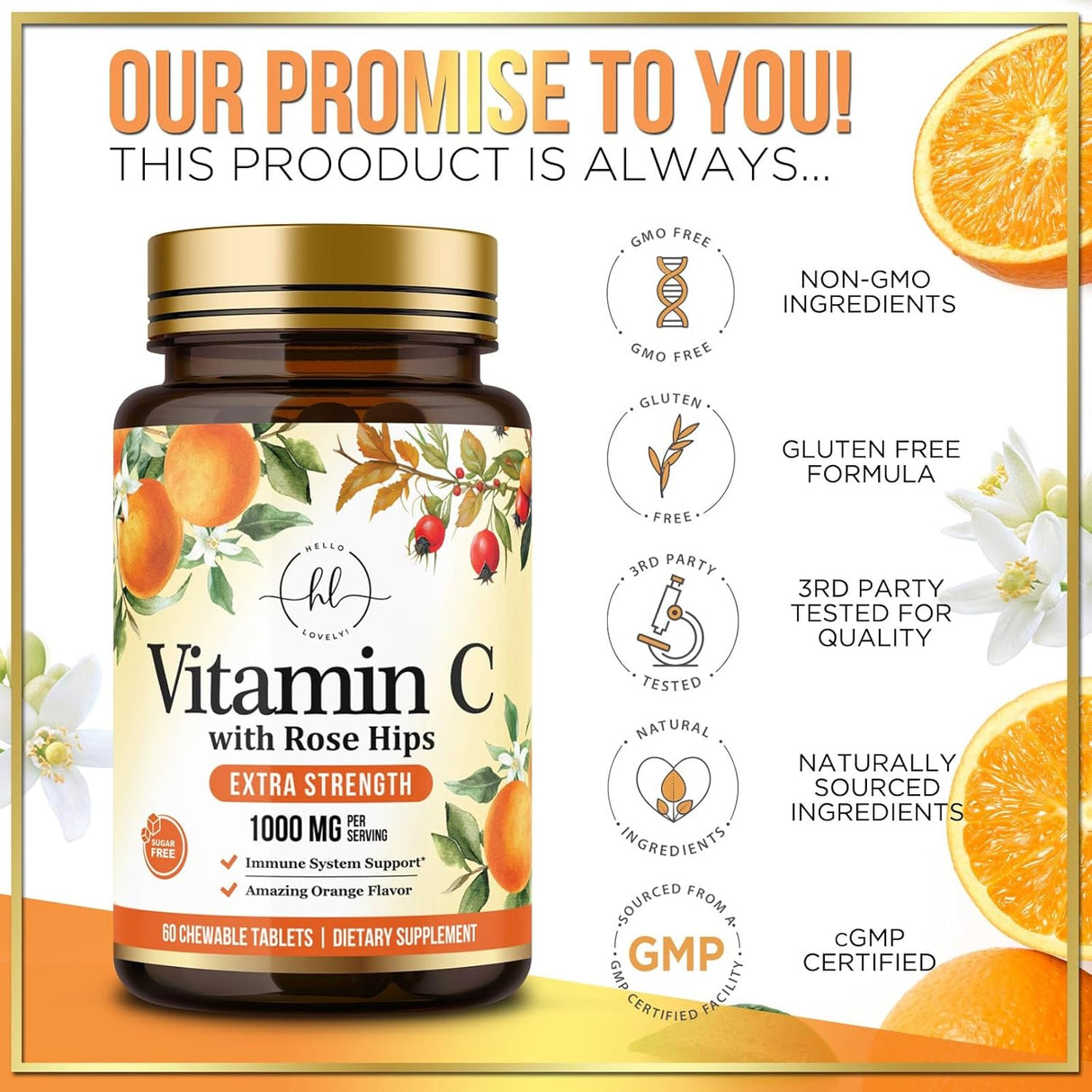 Hello Lovely! Extra Strength Vitamin C 1000 mg, with Rose HIPS Bioflavonoids, Dietary Supplement for Immune Support & Antioxidant Protection, Sugar Free, Non-GMO VIT C Capsules - 60 Count