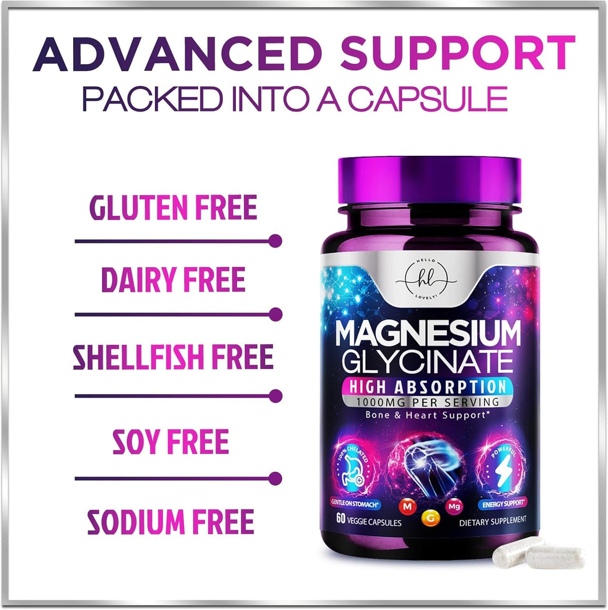 Magnesium Supplement for Women & Men - 140mg Total Magnesium from 1000mg Magnesium Glycinate to Support Muscle, Nerve, Bone & Heart Health - Natural, Vegan, High Absorption & Chelated - 60 Count