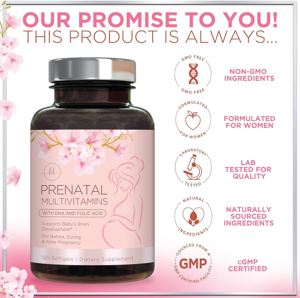 Prenatal Multivitamin with Folic Acid & DHA, Prenatal Vitamin Supplement, Folate, Omega 3, Vitamins D3, B6, B12 & Iron, Women's Pregnancy Support Prenatal Vitamins, Non-GMO Gluten Free - 120 Count