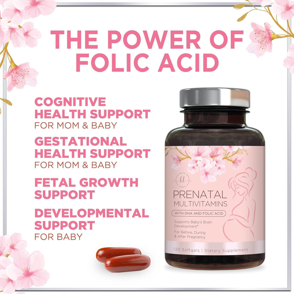 Prenatal Multivitamin with Folic Acid & DHA, Prenatal Vitamin Supplement, Folate, Omega 3, Vitamins D3, B6, B12 & Iron, Women's Pregnancy Support Prenatal Vitamins, Non-GMO Gluten Free - 120 Count