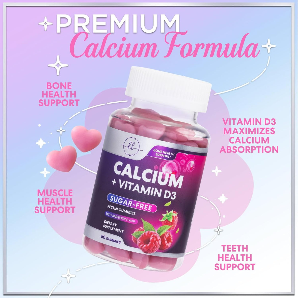 Premium Calcium Gummies - Sugar-Free + Vitamin D3, Bone Health & Immune Support, Supports Teeth & Bone Strength - Chewable Calcium Gummy Nutrition Supplement, Non-GMO, Berry Flavor Chews