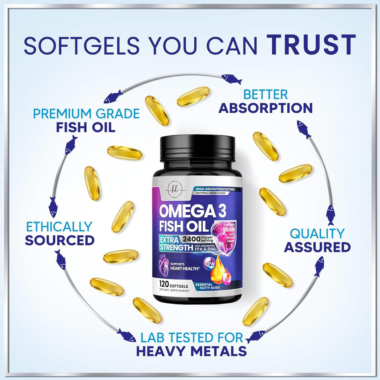 Omega 3 Fish Oil Triple Strength 2400 mg Rapid Release Softgels, Omega-3 Supplements, Natural Brain Heart Joint Health & Immune Support - Fatty Acids with EPA & DHA - Fish Oil Supplement - 120 Count