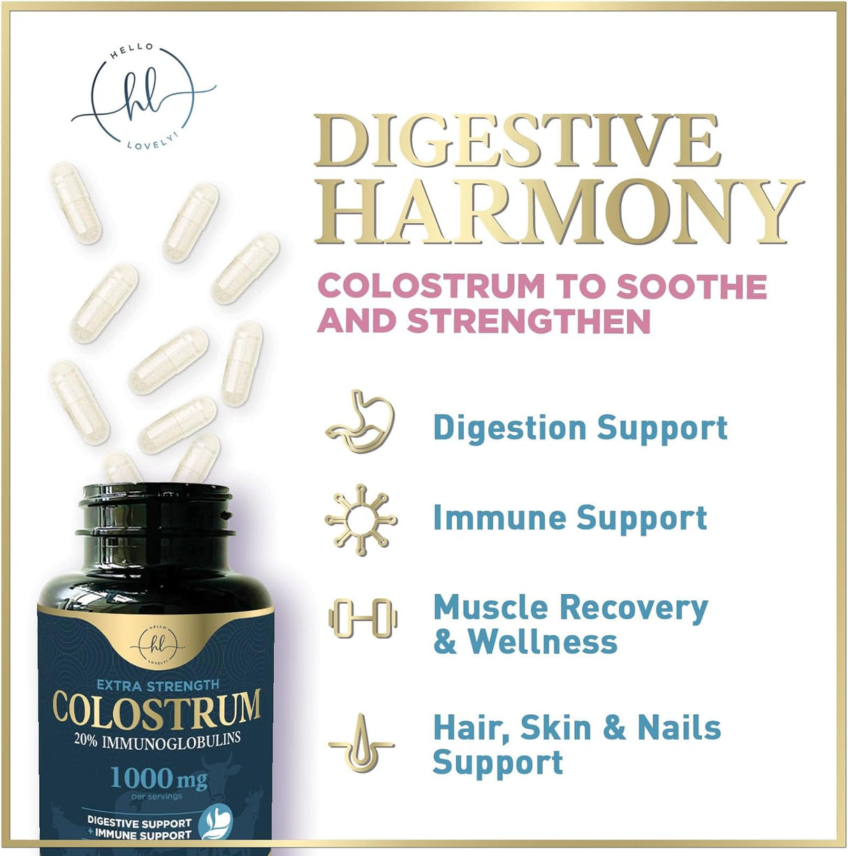 Colostrum for Women 1000mg 20% Immunoglobulins - Gut Health, Immune Support, Muscle, Skin & Hair Growth, Bottled in USA, Bovine Colostrum Powder, Colostrum Supplement for Women & Men - 120 Count