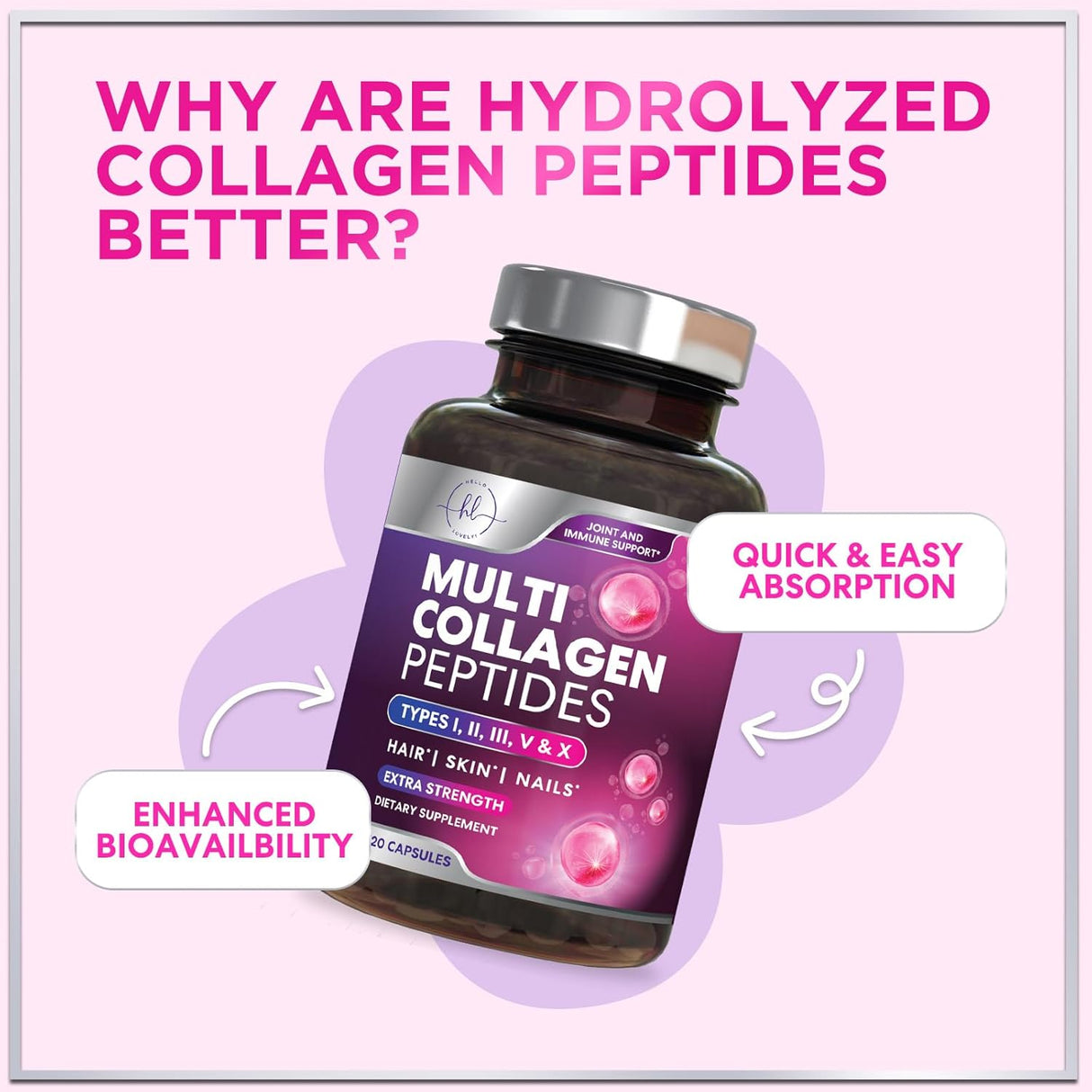 Multi Collagen Peptides - Extra Strength Collagen Supplement, Supports Healthy Skin, Hair, Nails & Joints, Hydrolyzed Collagen Complex Type I, II, III, V & X - Grass Fed, Non GMO - 120 Count