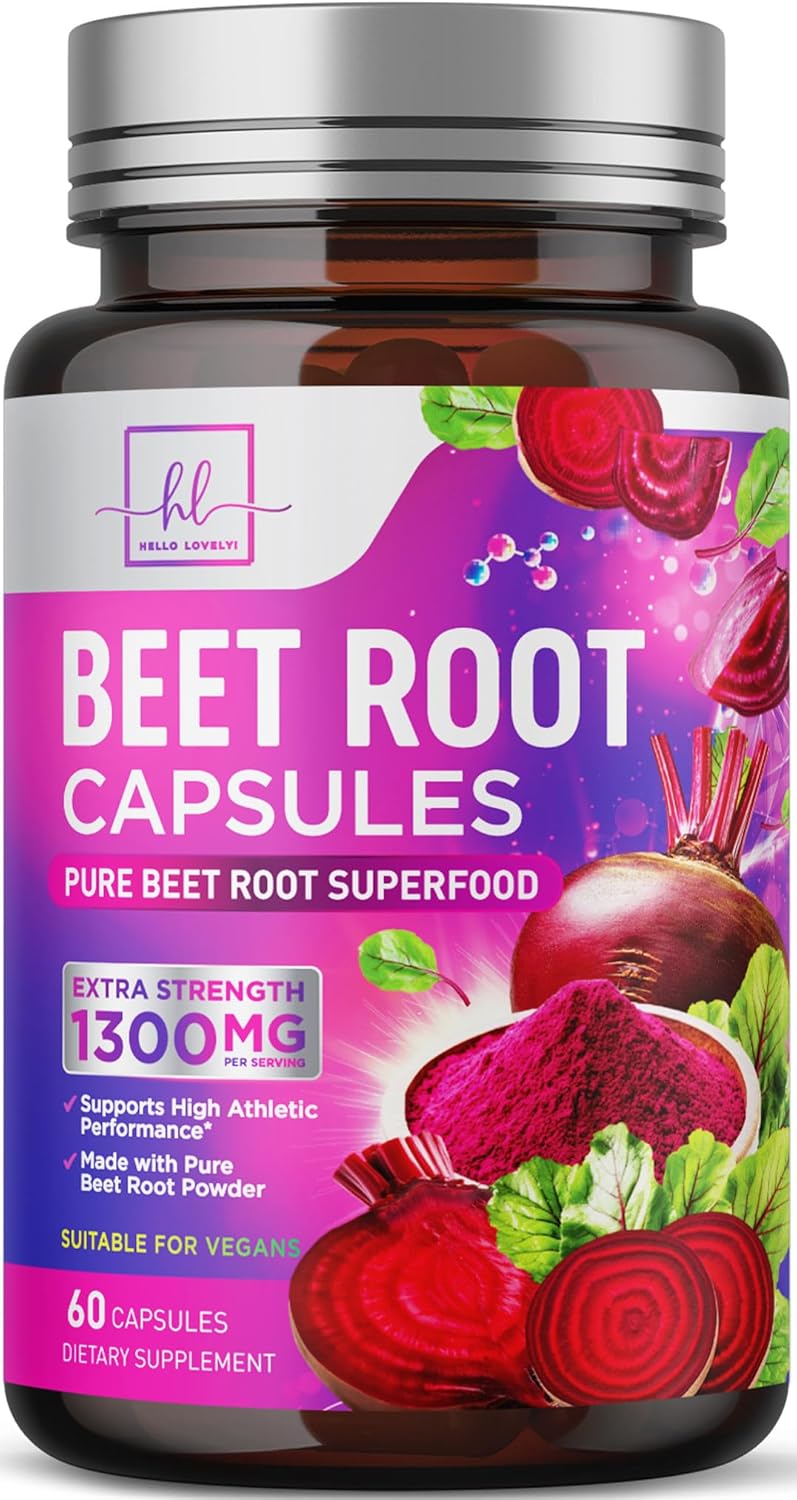 Organic Beet Root Capsules 1300mg - Extra Strength Beetroot Powder Supplement - Supports Blood Pressure, Athletic Performance & Immune System, Non-GMO, Gluten Free - Bottled in the USA - 60 Capsules