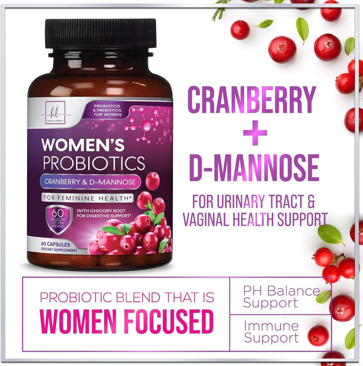Womens Probiotic, Probiotics for Women 50 Billion CFU, Multi Strains to Support Immune, Digestive with Cranberry for Feminine Vaginal and Urinary Health, Shelf Stable, No Soy Gluten Dairy - 60 Count
