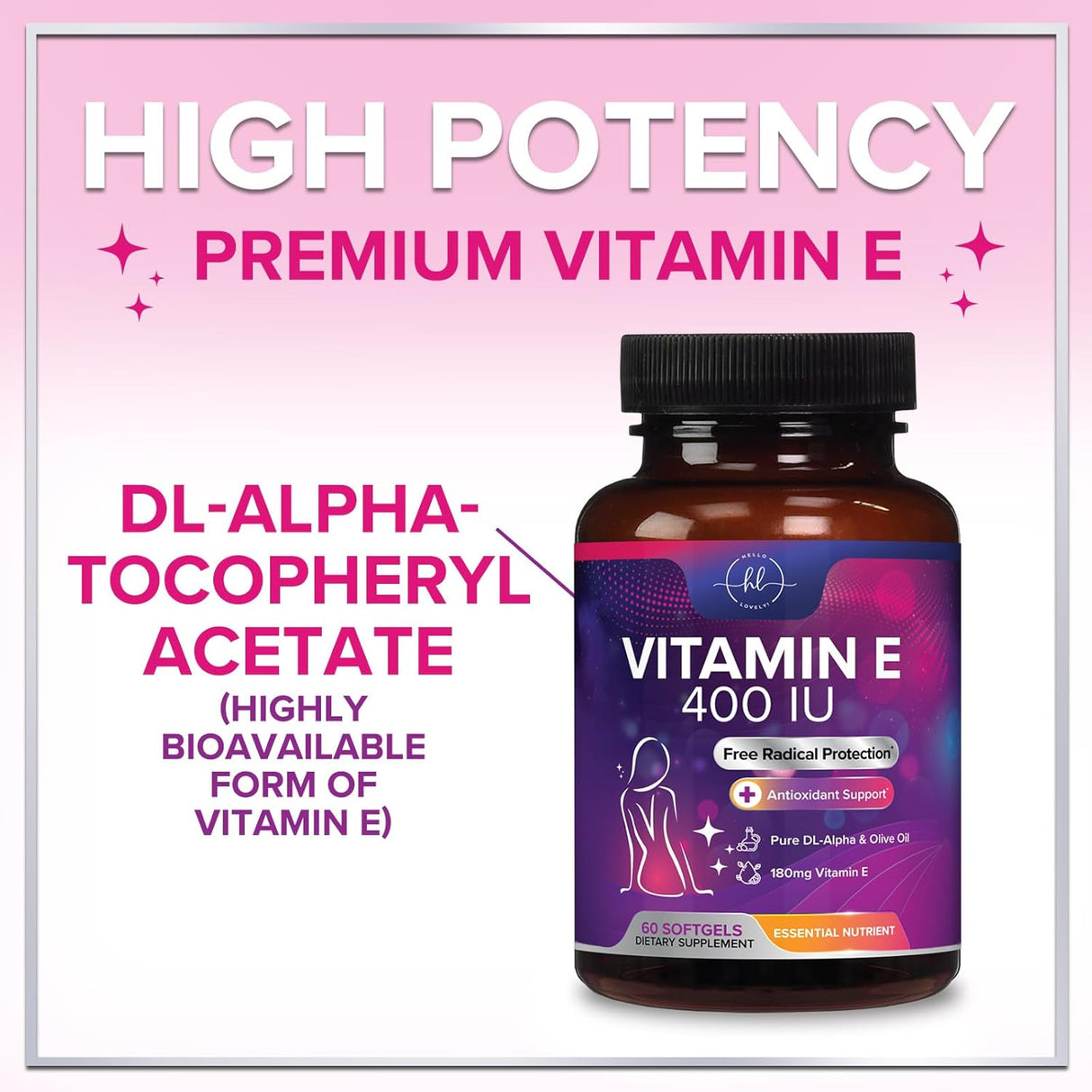 E Vitamin for Women and Men - 180 mg (400 IU) dl-Alpha - Powerful Antioxidant Dietary Supplement - Hair, Skin, & Immune Health Support - Easily Absorbed Form, Non-GMO & Gluten Free - 60 Count