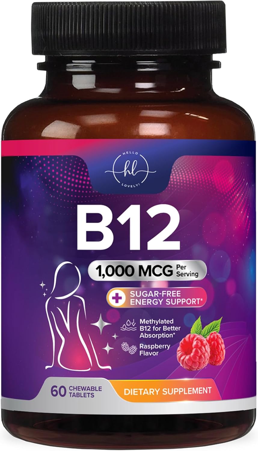 B 12 Vitamin Chewables 1000 mcg - B12 Complex with Heart & Nerve Energy Health Support - Vitamin B-12 Complex for Adults with Immune Health Support - Gluten & Dairy Free - 60 Count