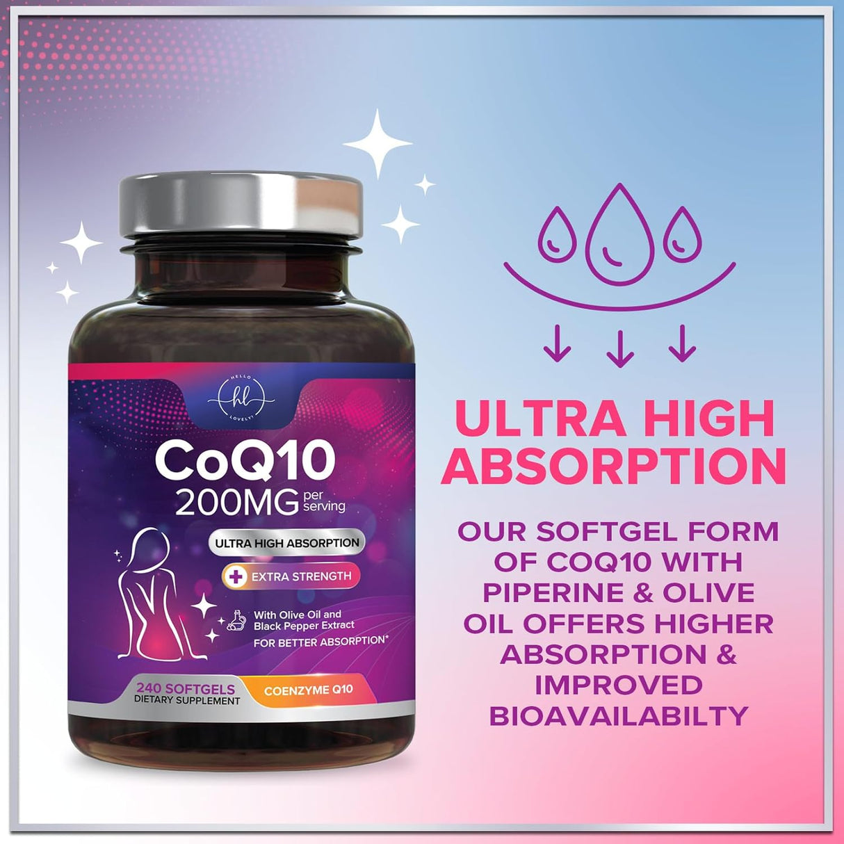 CoQ10 200mg Softgels - Ultra High Absorption, Antioxidant for Heart Health & Energy Production Support - Coenzyme Q10 Co Q 10 Vitamins and Supplements 100mg Each - Non GMO & Gluten Free - 240 Count