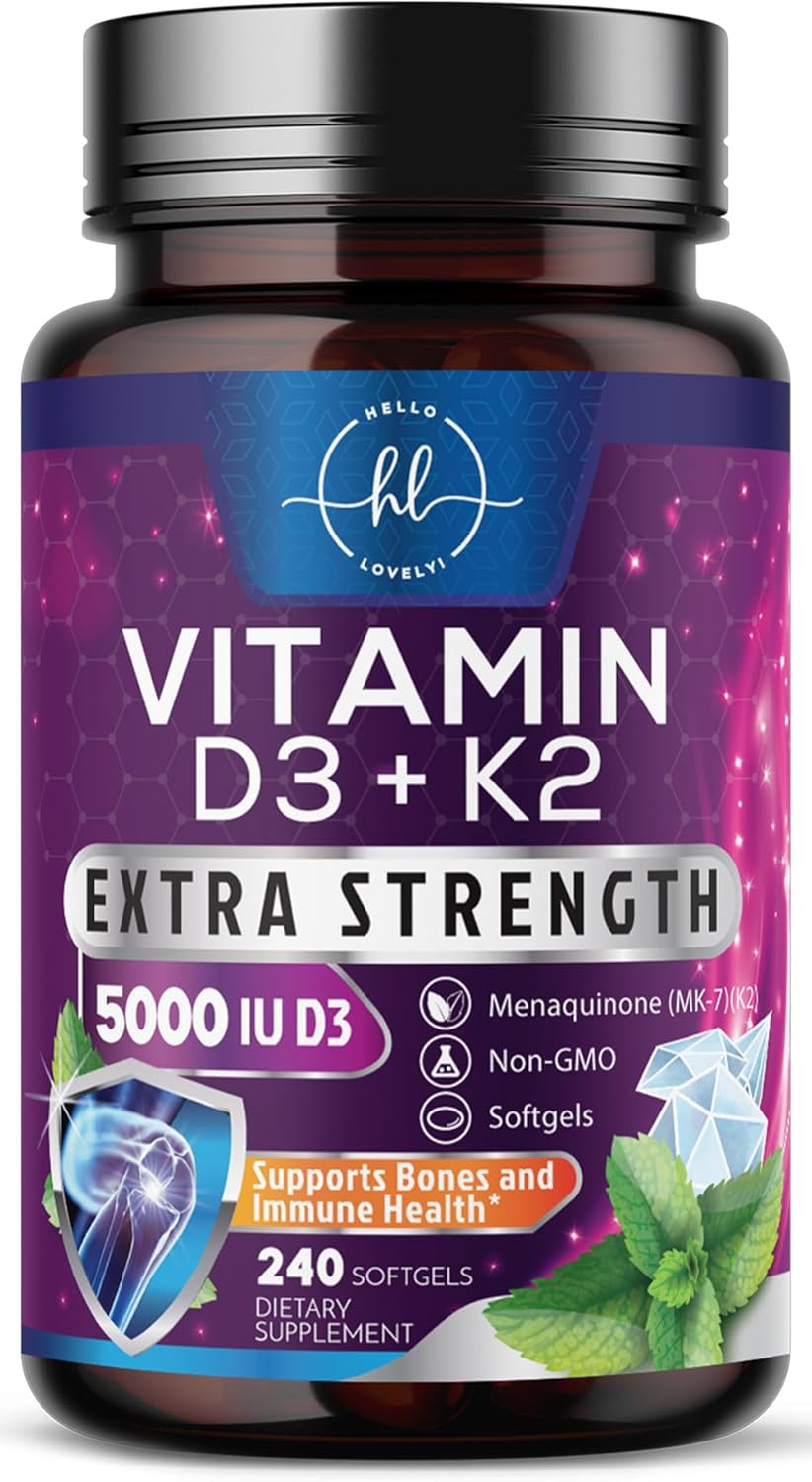 Vitamin D3 5000 IU with K2 100 mcg - D3 K2 Supplement, 2 in 1 Vitamins D & K2 Complex Softgels for Calcium Absorption, Bone, Teeth, Heart & Immune Support, Easy to Swallow, Non GMO - 240 Count