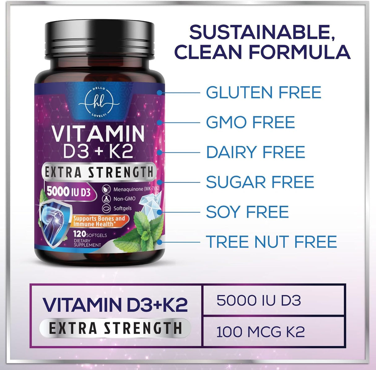 Vitamin D3 5000 IU with K2 100 mcg - D3 K2 Supplement, 2 in 1 Vitamins D & K2 Complex Softgels for Calcium Absorption, Bone, Teeth, Heart & Immune Support, Easy to Swallow, Non GMO - 120 Count