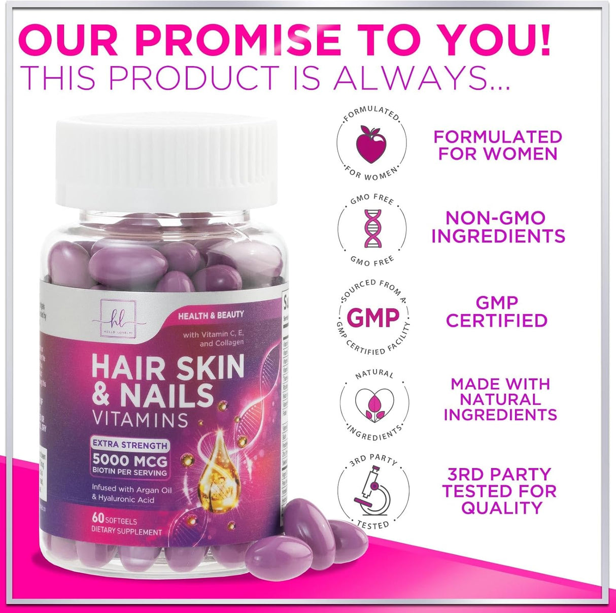 Hair, Skin & Nails Vitamin with Biotin 5000mcg - Hair Vitamins for Women, Keratin & Hair Health, Infused with Argan Oil, Collagen & Hyaluronic Acid, Supports Hair Growth Supplement - 60 Count