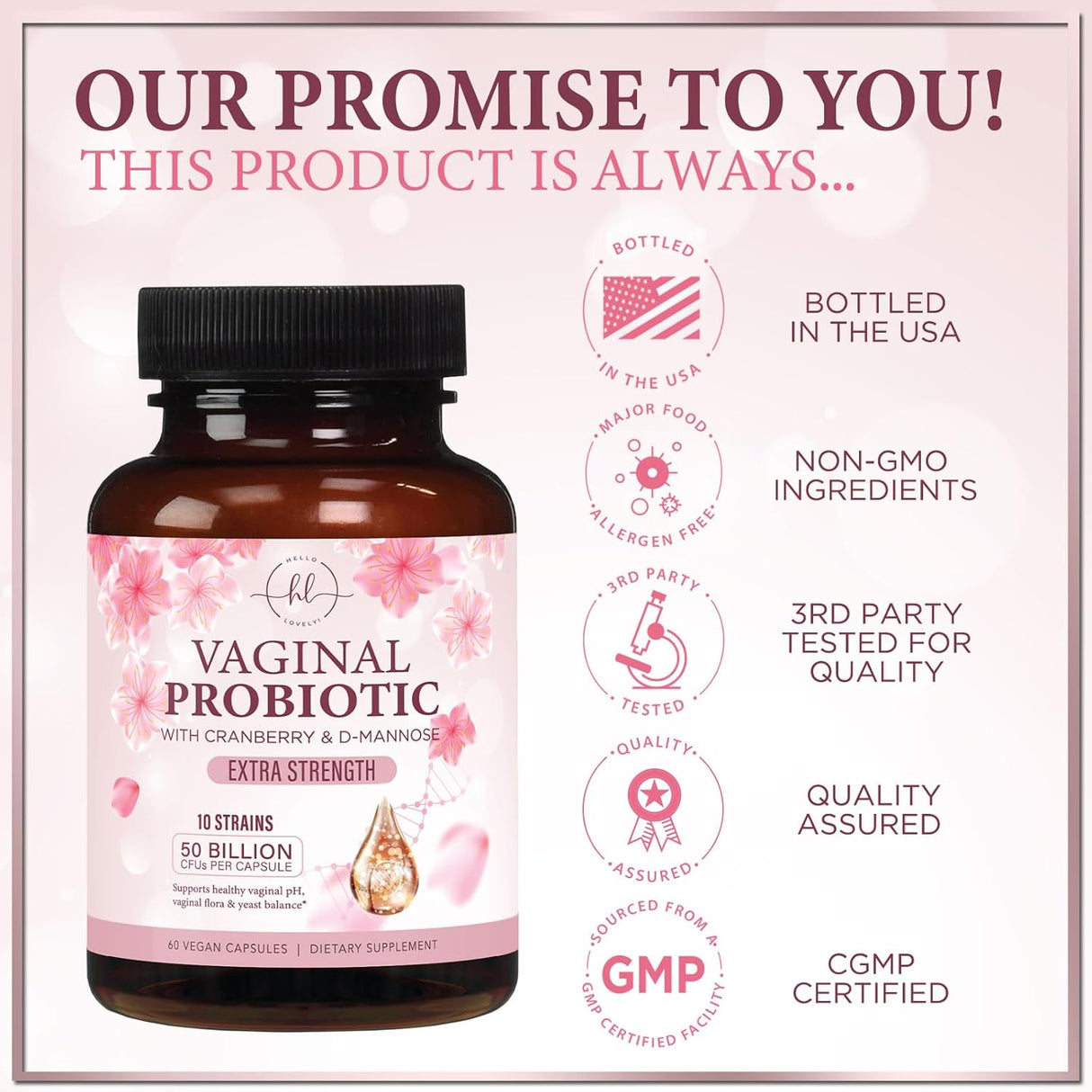 Vaginal Probiotic for Women - Vaginal PH Flora Feminine Health Balance Support - 50 Billion CFU Per Capsule, 10 Unique Strains - Womens Probiotics Supplement with Cranberry & D Mannose - 60 Count