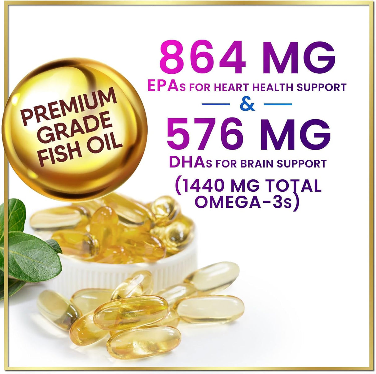 Omega 3 Fish Oil Triple Strength 2400 mg Rapid Release Softgels, Omega-3 Supplements, Natural Brain Heart Joint Health & Immune Support - Fatty Acids with EPA & DHA - Fish Oil Supplement - 120 Count