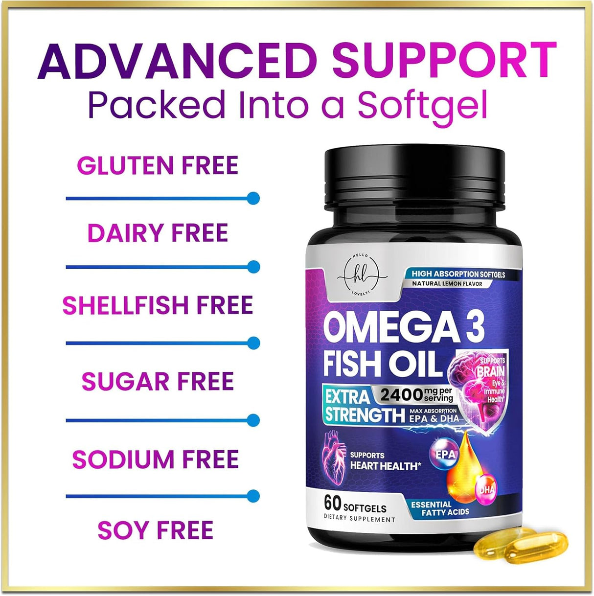 Omega 3 Fish Oil Triple Strength 2400 mg Rapid Release Softgels, Omega-3 Supplements, Natural Brain Heart Joint Health & Immune Support - Fatty Acids with EPA & DHA - Fish Oil Supplement - 60 Count