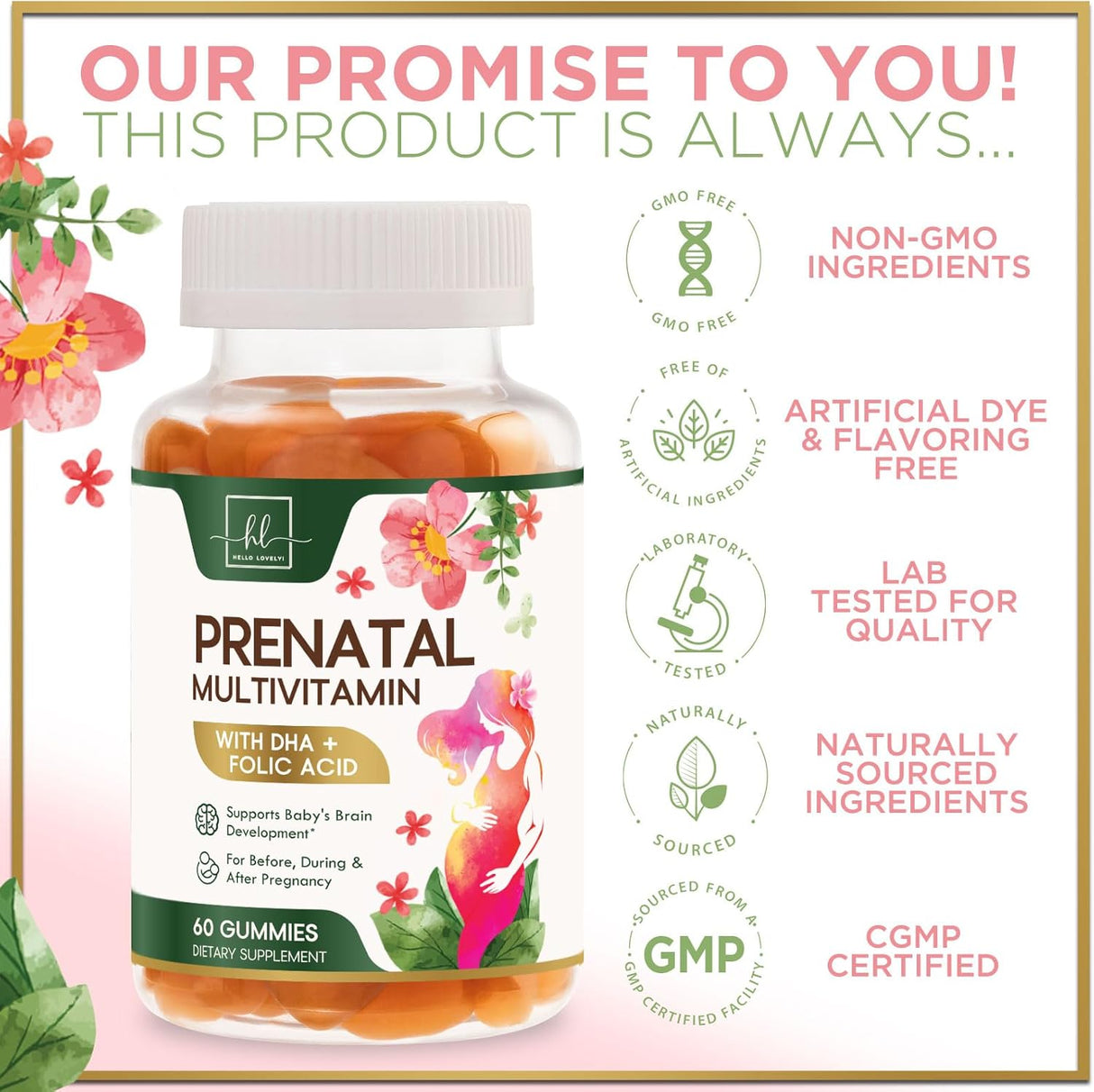 Prenatal Multivitamin Gummy w/ Folic Acid + DHA, Prenatal Vitamins with Omega 3, Vitamins B6, B12, C, D3 & Folate for Pregnancy Support, Prenatal Gummies for Women, Non-GMO Gluten Free - 60 Count