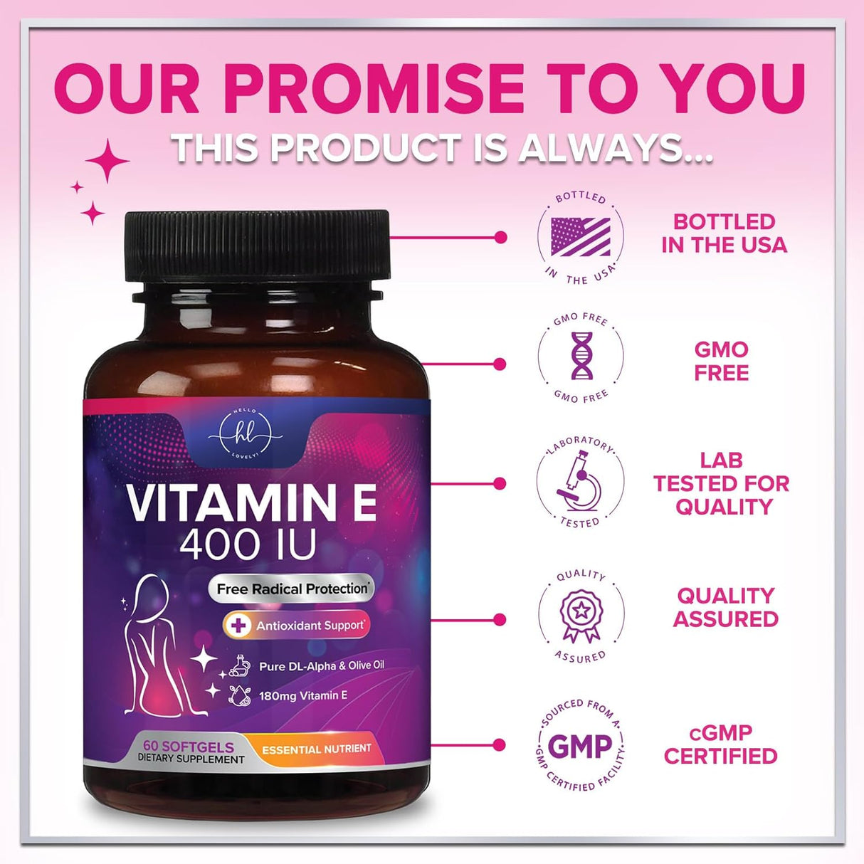 E Vitamin for Women and Men - 180 mg (400 IU) dl-Alpha - Powerful Antioxidant Dietary Supplement - Hair, Skin, & Immune Health Support - Easily Absorbed Form, Non-GMO & Gluten Free - 60 Count