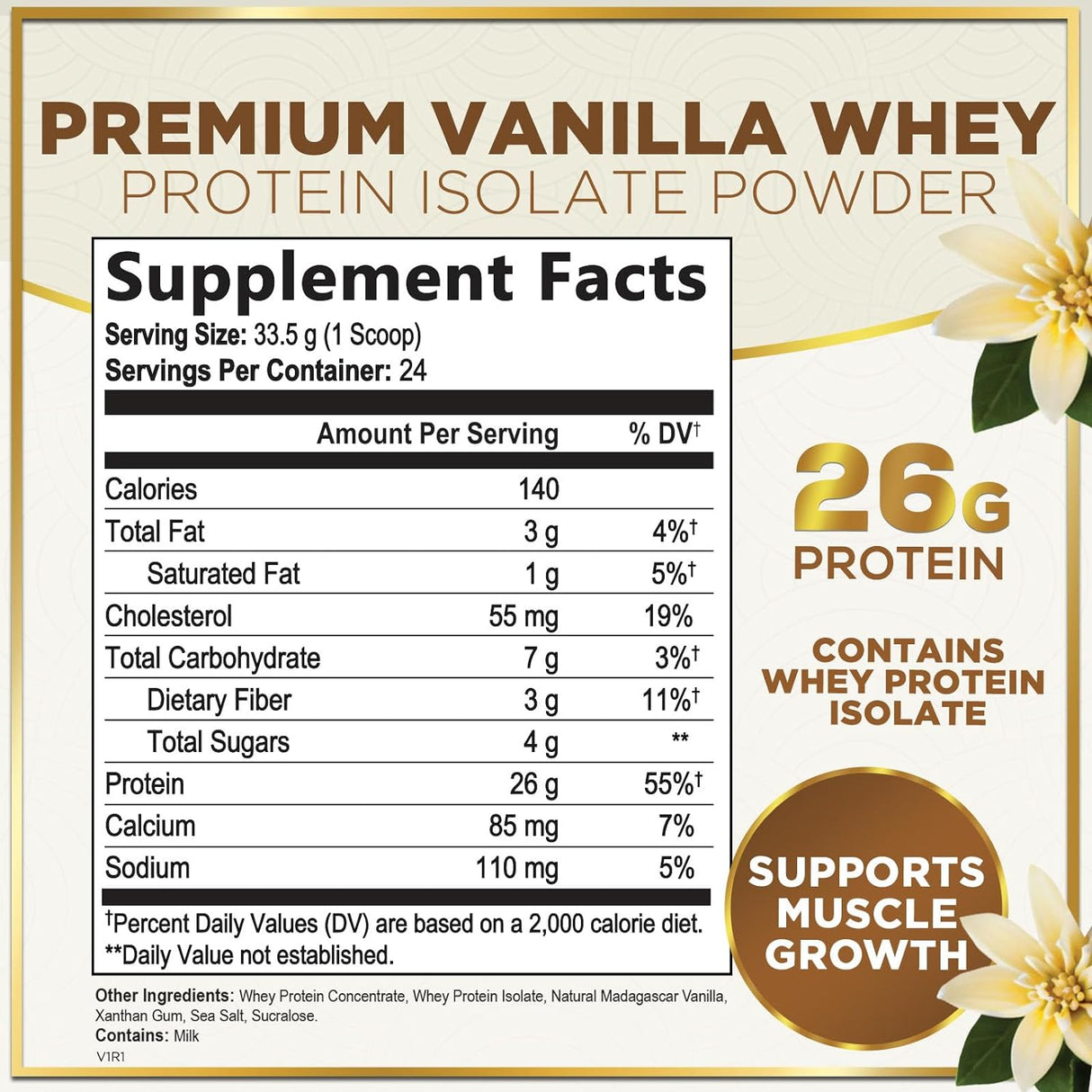 100% Whey Protein Powder, Creamy Vanilla Whey Isolate 26g Protein & BCAAs - Support Muscle Growth, Recovery & Fitness - Gluten Free, Fast Absorbing, Easy Digesting - Women & Men - 24 Servings