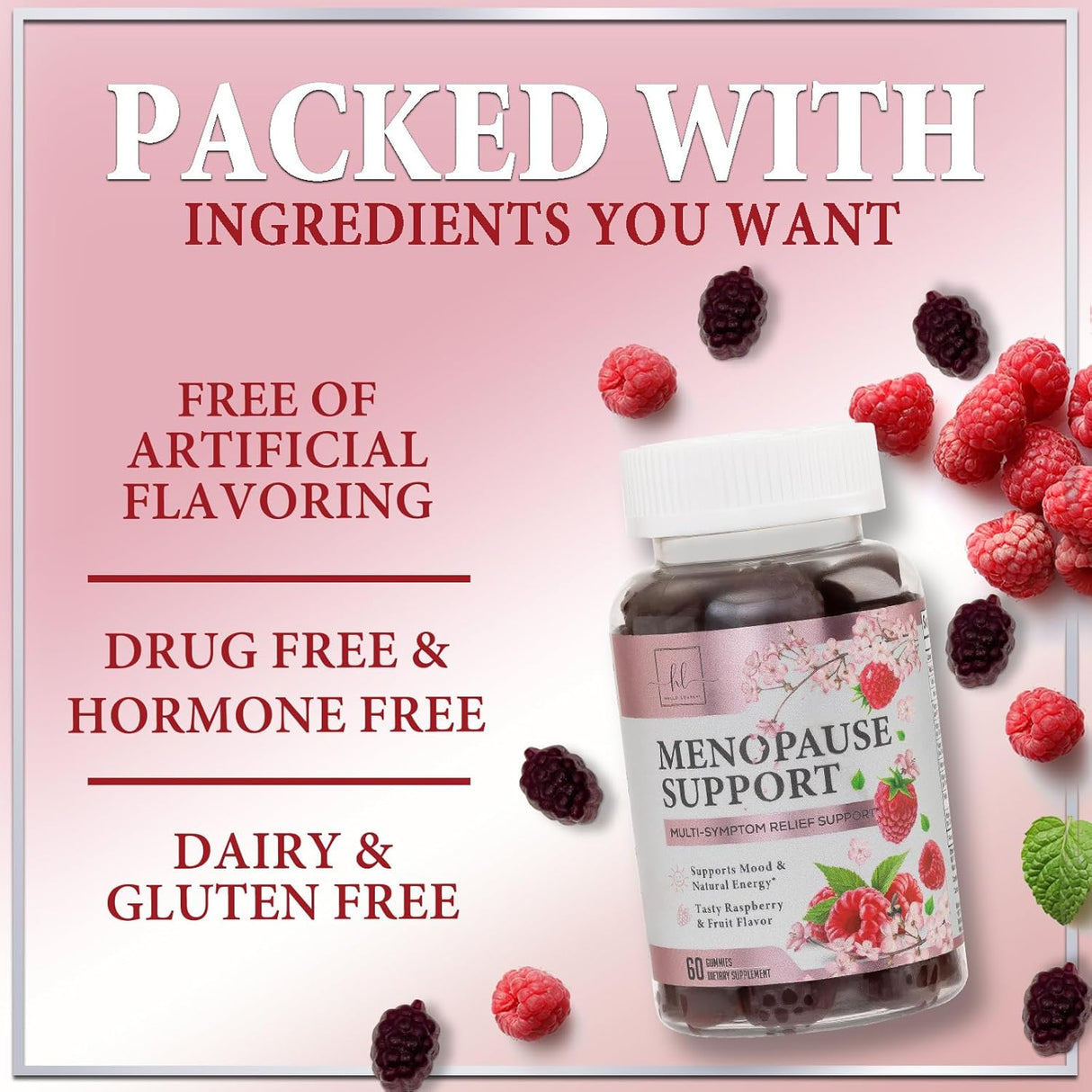 Complete Menopause Supplements for Women Gummy - Multibenefit Menopause Relief Gummies, Natural Hot Flash and Night Sweats Support - Energy Support Supplement, Raspberry Pomegranate