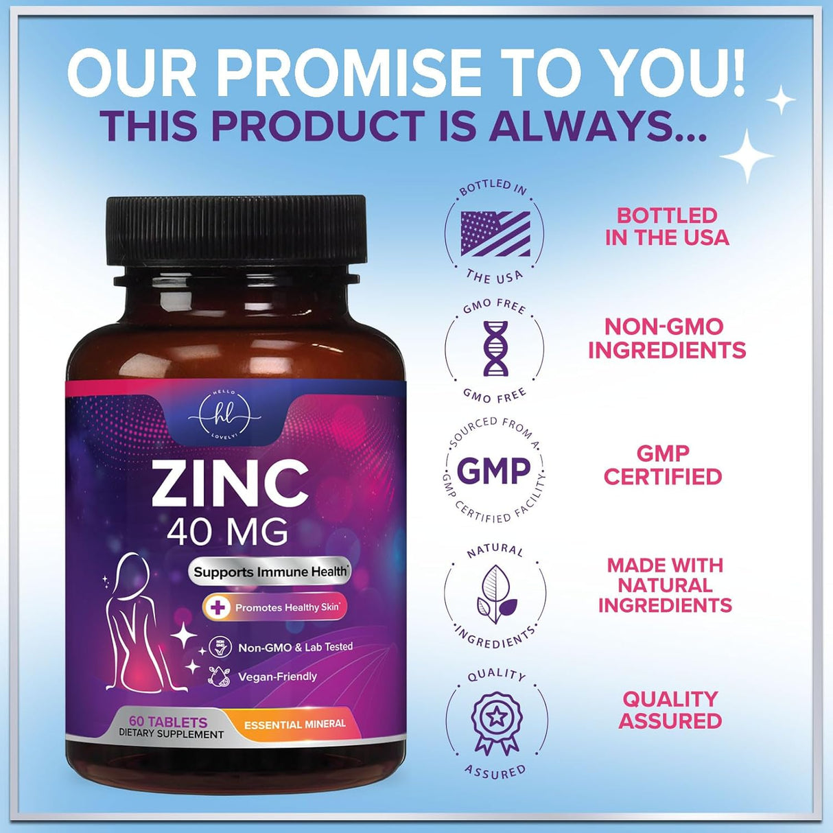 Zinc Supplements for Women and Men - 40mg Supplement for Immune Support, Skin Health Support, & Antioxidant Supplement for Adults, High Potency Zinc Gluconate 40 mg, Non-GMO - 60 Count