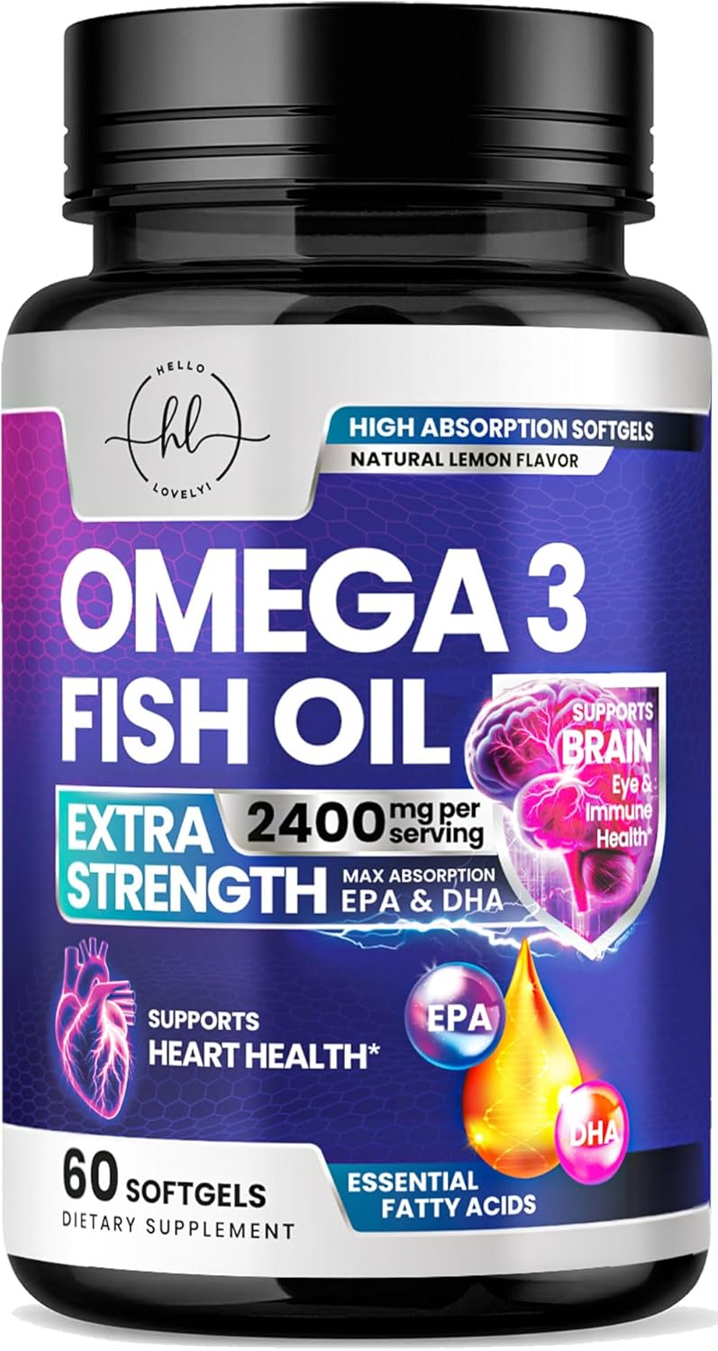 Omega 3 Fish Oil Triple Strength 2400 mg Rapid Release Softgels, Omega-3 Supplements, Natural Brain Heart Joint Health & Immune Support - Fatty Acids with EPA & DHA - Fish Oil Supplement - 60 Count