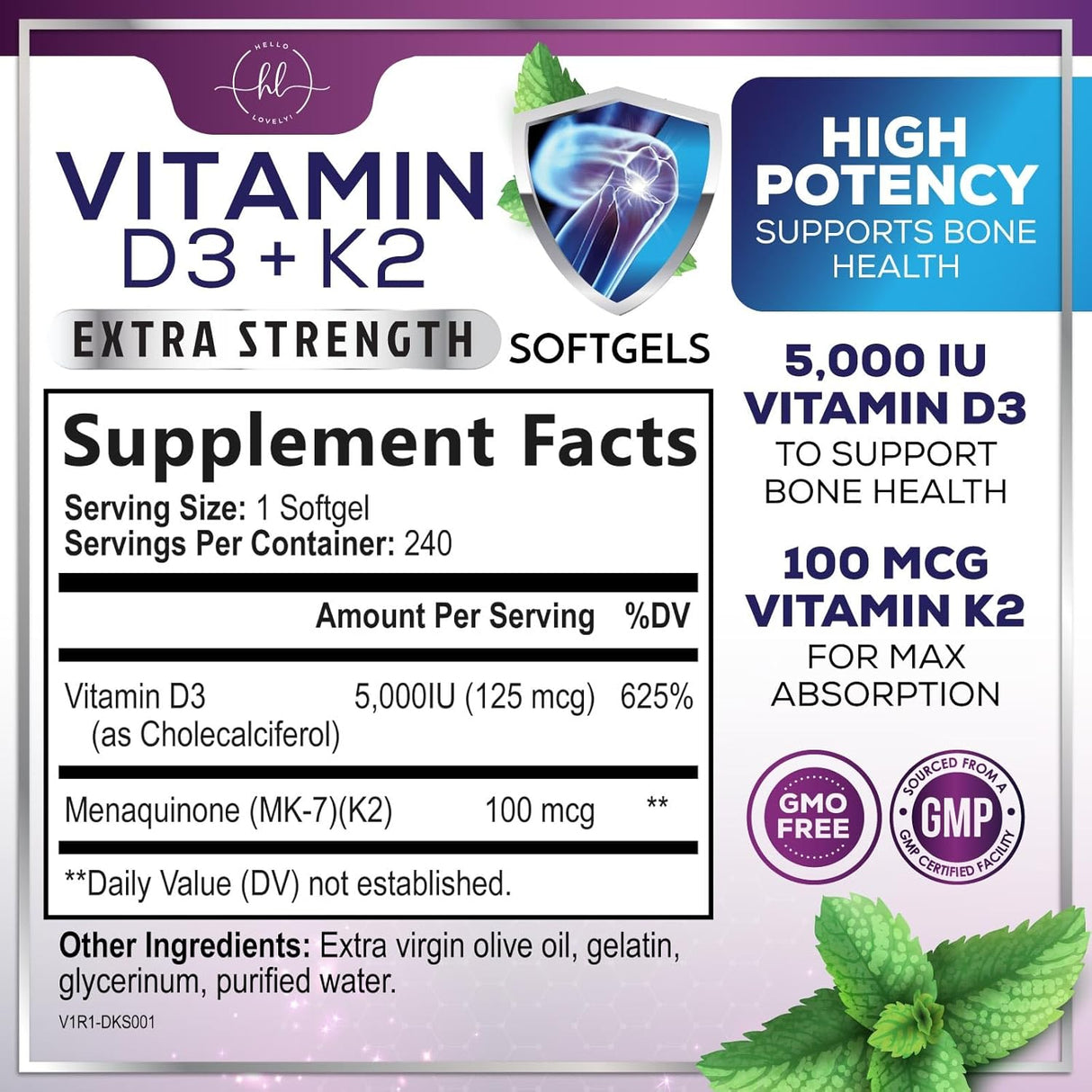 Vitamin D3 5000 IU with K2 100 mcg - D3 K2 Supplement, 2 in 1 Vitamins D & K2 Complex Softgels for Calcium Absorption, Bone, Teeth, Heart & Immune Support, Easy to Swallow, Non GMO - 240 Count