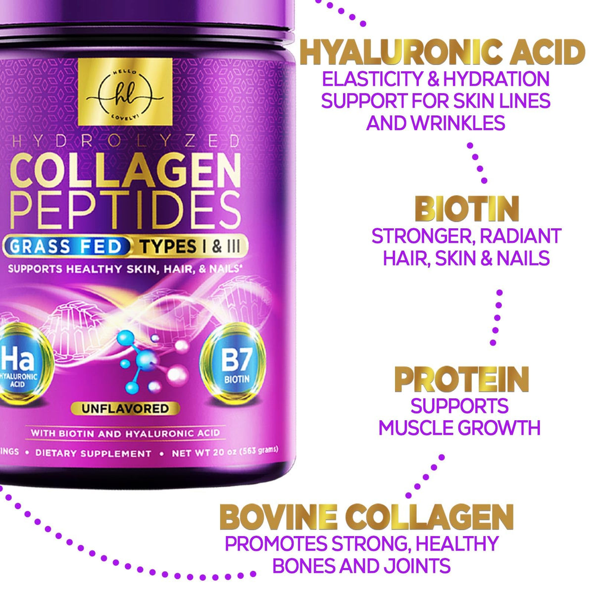 Collagen Peptides Powder with Hyaluronic Acid + Biotin, Unflavored