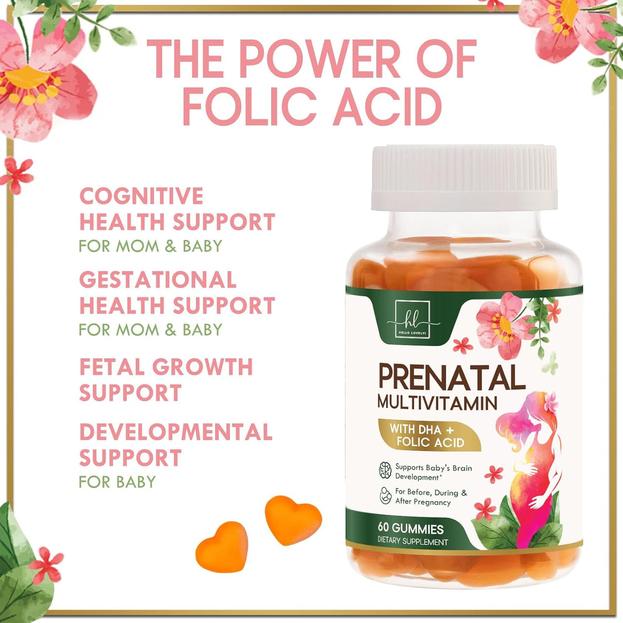 Prenatal Multivitamin Gummy w/ Folic Acid + DHA, Prenatal Vitamins with Omega 3, Vitamins B6, B12, C, D3 & Folate for Pregnancy Support, Prenatal Gummies for Women, Non-GMO Gluten Free - 60 Count