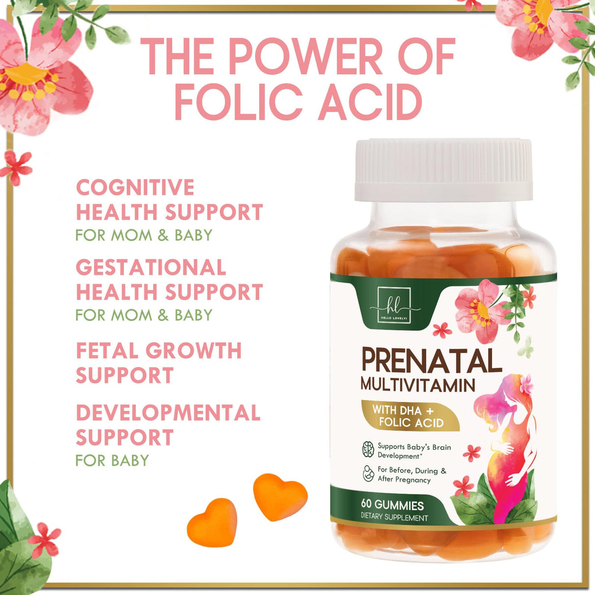 Prenatal Multivitamin Gummy w/ Folic Acid + DHA, Prenatal Vitamins with Omega 3, Vitamins B6, B12, C, D3 & Folate for Pregnancy Support, Prenatal Gummies for Women, Non-GMO Gluten Free - 60 Count
