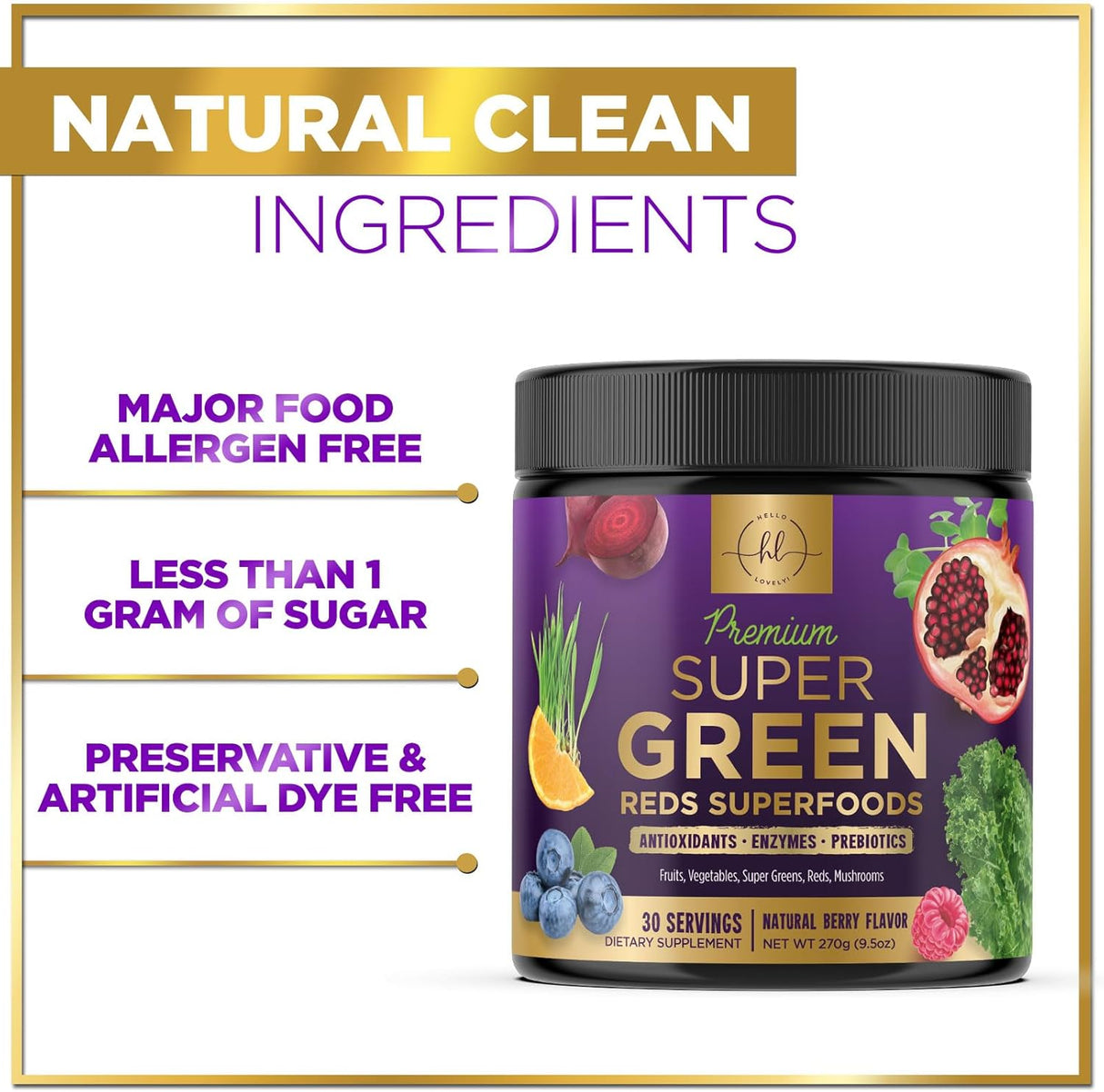 Hello Lovely! Super Greens Powder - Premium Superfood Organic Green & Reds Smoothie Mix - Spirulina, Chlorella, Wheat Grass, Digestive Enzymes & Antioxidant Supplement, Vegan, Non-GMO