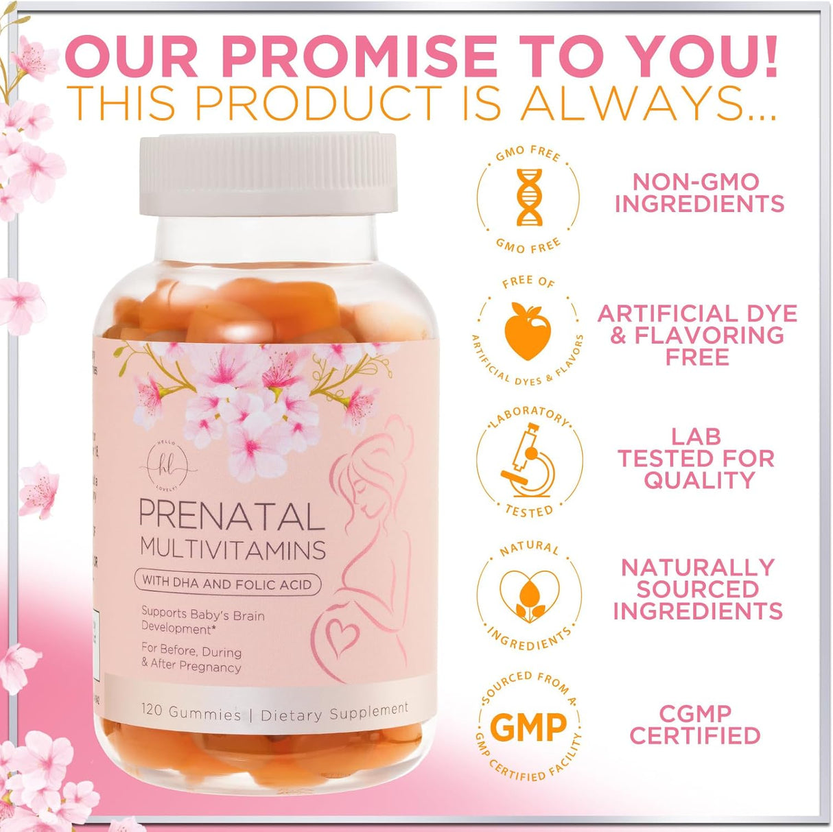 Prenatal Multivitamin Gummy w/ Folic Acid + DHA, Prenatal Vitamins with Omega 3, Vitamins B6, B12, C, D3 & Folate for Pregnancy Support, Prenatal Gummies for Women, Non-GMO Gluten Free - 120 Count