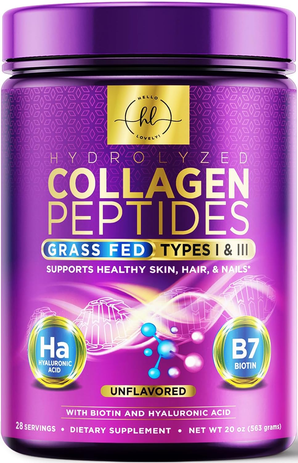 Hydrolyzed Collagen Peptides Powder 20g With Hyaluronic Acid & Biotin - Unflavored Grass Fed Collagen Powder with Type I & III Collagen Supplements - Hair, Nail, Skin & Joint Support