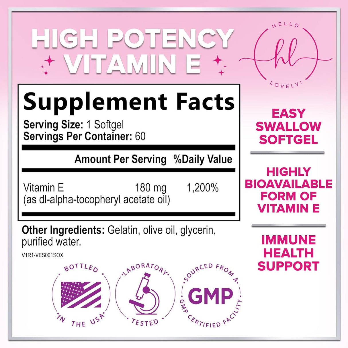 E Vitamin for Women and Men - 180 mg (400 IU) dl-Alpha - Powerful Antioxidant Dietary Supplement - Hair, Skin, & Immune Health Support - Easily Absorbed Form, Non-GMO & Gluten Free - 60 Count