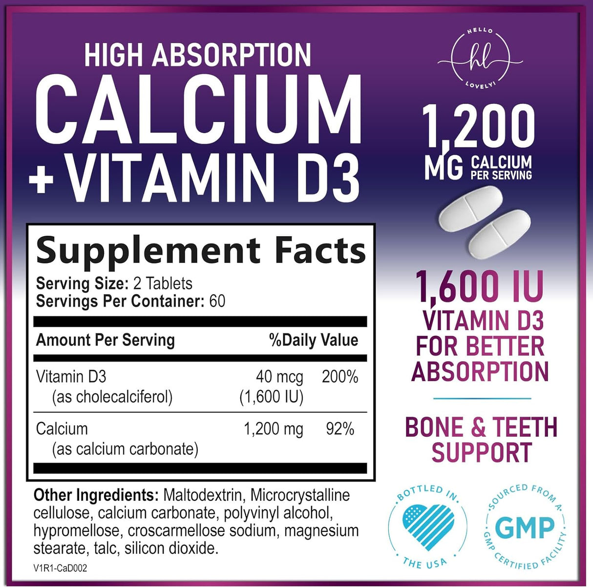 Calcium Supplements for Women 1200 mg Plus 1600 IU Vitamin D3, Bone Health, Teeth & Immune Support - Mineral Supplement with Vitamin D High Absorbable Premium 600 mg Calcium Carbonate - 120 Count