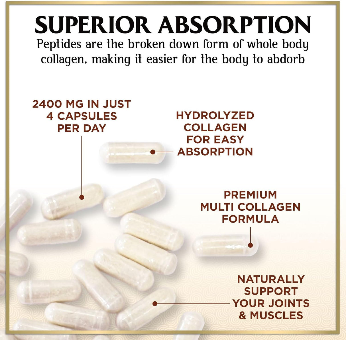 Collagen Peptides for Women & Men - Type I, II, III, V, X Multi Collagen, Hydrolyzed Collagen Supplement Supports Hair, Nail, Skin, Bone and Joint Health with Vital Nutrients & Proteins - 120 Count